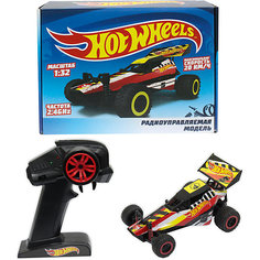 Hot Wheels, багги на р/у, 2,4GHz, 2WD, скорость до 20км/ч, масштаб 1:32, курковый пульт, амортизаторы, с АКБ 100mAh, Lit, конуса, кра