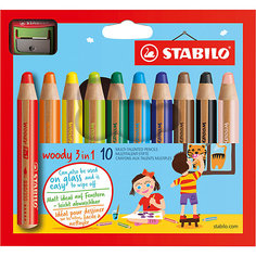 Набор супертолстых цветных карандашей Stabilo Woody 10цв+точилка, картон, new design