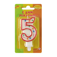 Свеча для торта Патибум "Цифра 5" 7 см., красное конфетти