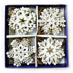 Деревянные новогодние украшения на подвесках - снежинки, 6 см, 24 шт в наборе, картонная коробка с пвх. Mag2000