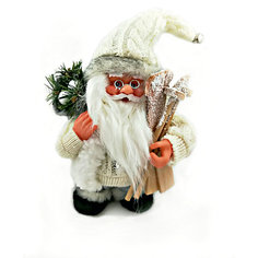 Дед мороз белый  с лыжами и подарками, интерактивный музыкальный идущий 18 см, коробка с окошком Mag2000