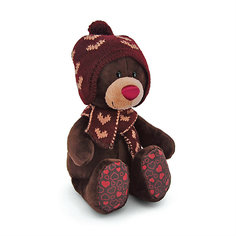 Мягкая игрушка Orange "Choco&amp;Milk" Медвежонок Choco сидячий в вязанной шапке с сердечками, 25 см