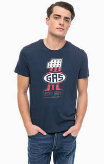 Синяя хлопковая футболка с принтом Gas