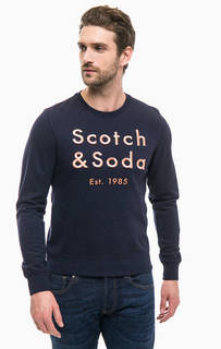 Синий хлопковый свитшот с вышивкой и принтом Scotch&Soda