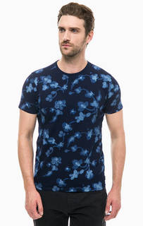 Синяя хлопковая футболка с цветочным принтом Scotch&Soda