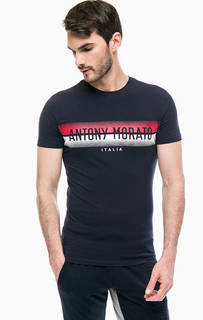 Синяя хлопковая футболка с принтом Antony Morato