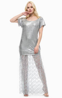 Длинное серебристое платье с кружевной юбкой MET