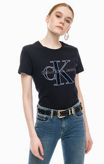 Синяя хлопковая футболка с принтом и вышивкой Calvin Klein Jeans
