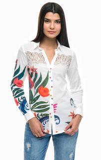 Белая приталенная рубашка с ярким цветочным принтом Desigual