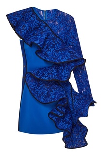 Синее платье-мини с асимметричным воланом David Koma