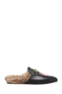 Слиперы с вышивкой и мехом Gucci