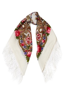 Белый платок с цветами Павловопосадская Платочная Мануфактура