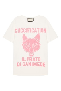 Белая футболка с принтом и надписью Gucci