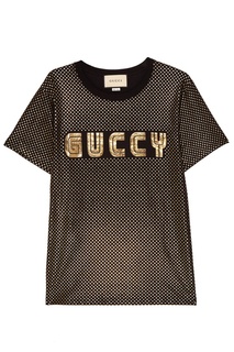 Черная футболка с ламинированным принтом Gucci