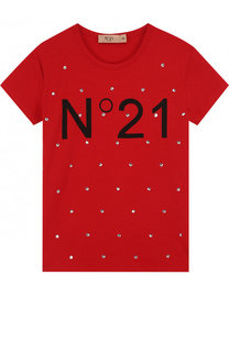 Хлопковая футболка с логотипом бренда и стразами No. 21