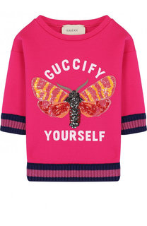Хлопковый свитшот с контрастными манжетами и пайетками Gucci