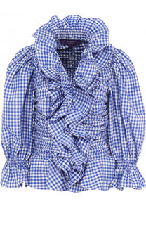 Хлопковая блуза в клетку с оборками и драпировкой Ralph Lauren