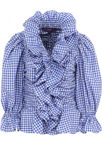 Хлопковая блуза в клетку с оборками и драпировкой Ralph Lauren