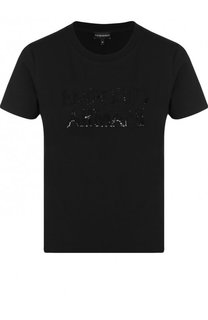 Хлопковая футболка с логотипом бренда и пайетками Emporio Armani