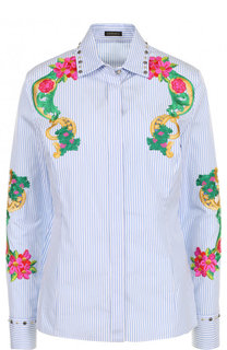 Приталенная хлопковая блуза с цветочной вышивкой Versace