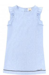 Льняное платье прямого кроя с оборками и контрастной отделкой Armani Junior