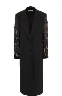 Однотонное пальто из смеси хлопка и вискозы с декорированными  рукавами Dries Van Noten
