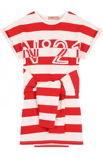Хлопковое мини-платье в полоску с декоративным поясом No. 21