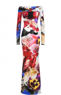 Приталенное платье-макси с цветочным принтом и открытыми плечами Roberto Cavalli
