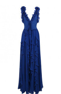 Приталенное шелковое платье-макси с оборками Elie Saab