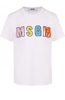 Хлопковая футболка с круглым вырезом и логотипом бренда MSGM