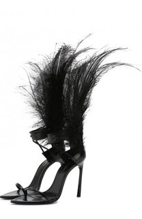 Кожаные босоножки Talitha с отделкой пером на шпильке Saint Laurent