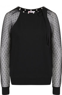 Хлопковый пуловер с круглым вырезом и кружевным рукавом REDVALENTINO