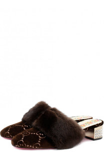 Текстильные мюли с отделкой из меха норки на декорированном каблуке Gucci