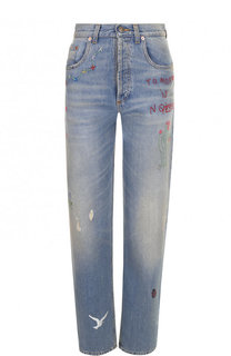 Укороченные джинсы с потертостями и контрастной отделкой Gucci