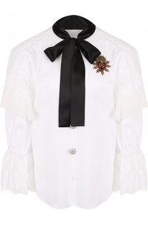 Хлопковая блуза с кружевной отделкой и воротником аскот Dolce &amp; Gabbana