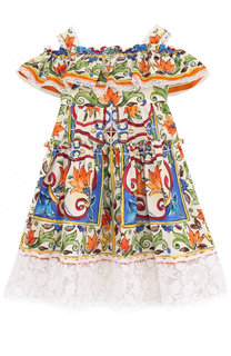 Хлопковое платье с кружевной отделкой и открытыми плечами Dolce &amp; Gabbana