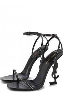 Кожаные босоножки Opyum с кристаллами на фигурной шпильке Saint Laurent