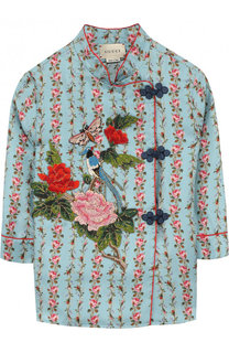 Шелковая блуза с принтом и контрастной вышивкой Gucci