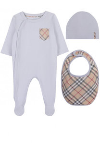Хлопковый комплект из пижамы с шапкой и нагрудником Burberry