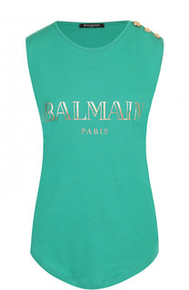 Хлопковый топ с круглым вырезом и логотипом бренда Balmain