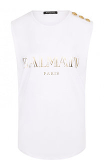 Хлопковый топ с круглым вырезом и логотипом бренда Balmain