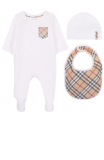 Хлопковый комплект из пижамы с шапкой и нагрудником Burberry