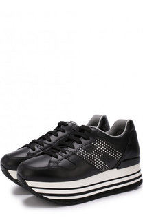 Кожаные кроссовки со стразами на платформе Hogan