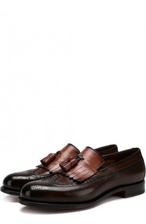 Кожаные лоферы с бахромой и брогированием Santoni