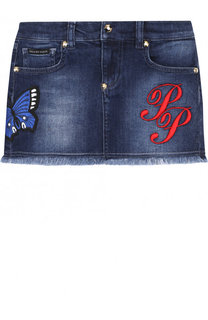 Джинсовая мини-юбка с вышивкой и бахромой Philipp Plein