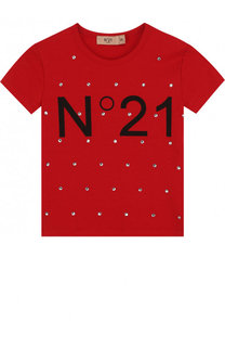 Хлопковая футболка с логотипом бренда и стразами No. 21
