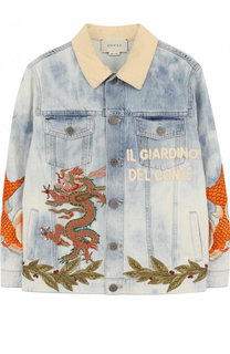Джинсовая куртка с декоративными потертостями и аппликациями Gucci