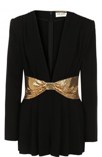 Приталенный мини-комбинезон с контрастным поясом Saint Laurent