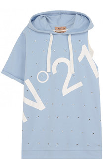 Хлопковое мини-платье асимметричного кроя с капюшоном и нижним платьем No. 21