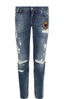 Джинсы прямого кроя с потертостями и аппликацией Dolce & Gabbana
